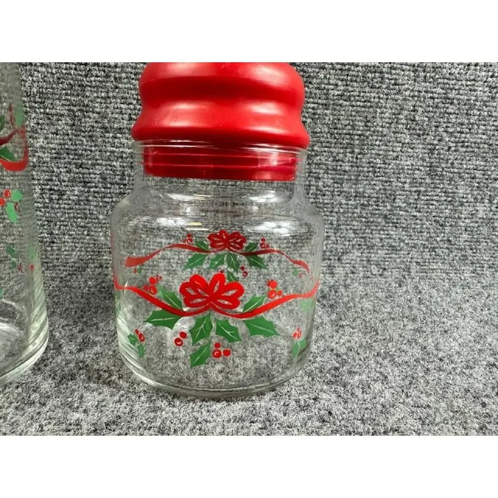 Corning Christmas Glass Jars Set of 2 Red Lids Holiday Storage Canisters